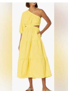 Asymmetric One-Shoulder Yellow Midi Dress with Cutout Waist